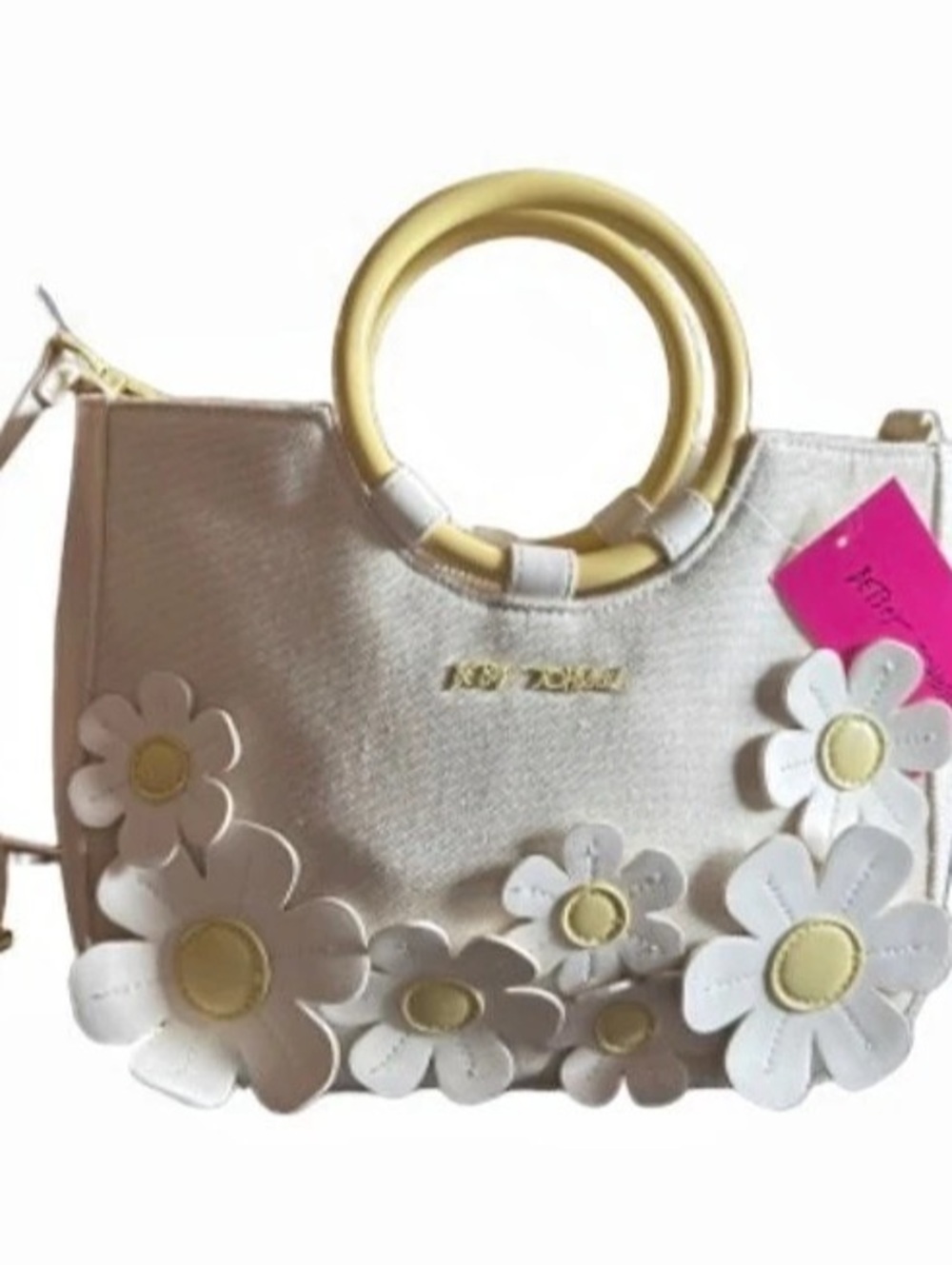 Betsey Johnson Floral Applique Shoulder Bag in White & Gold NWT